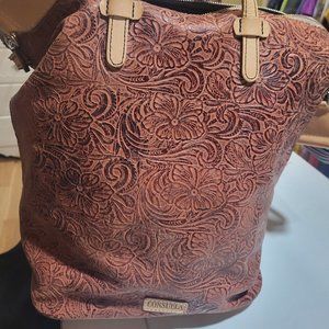 Consuela Tan leather tooled sling purse